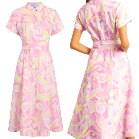 Hill House Dresses & Skirts - NWT Hill House The Lily Candy Kaleidoscope pink Linen Midi Dress size XXS